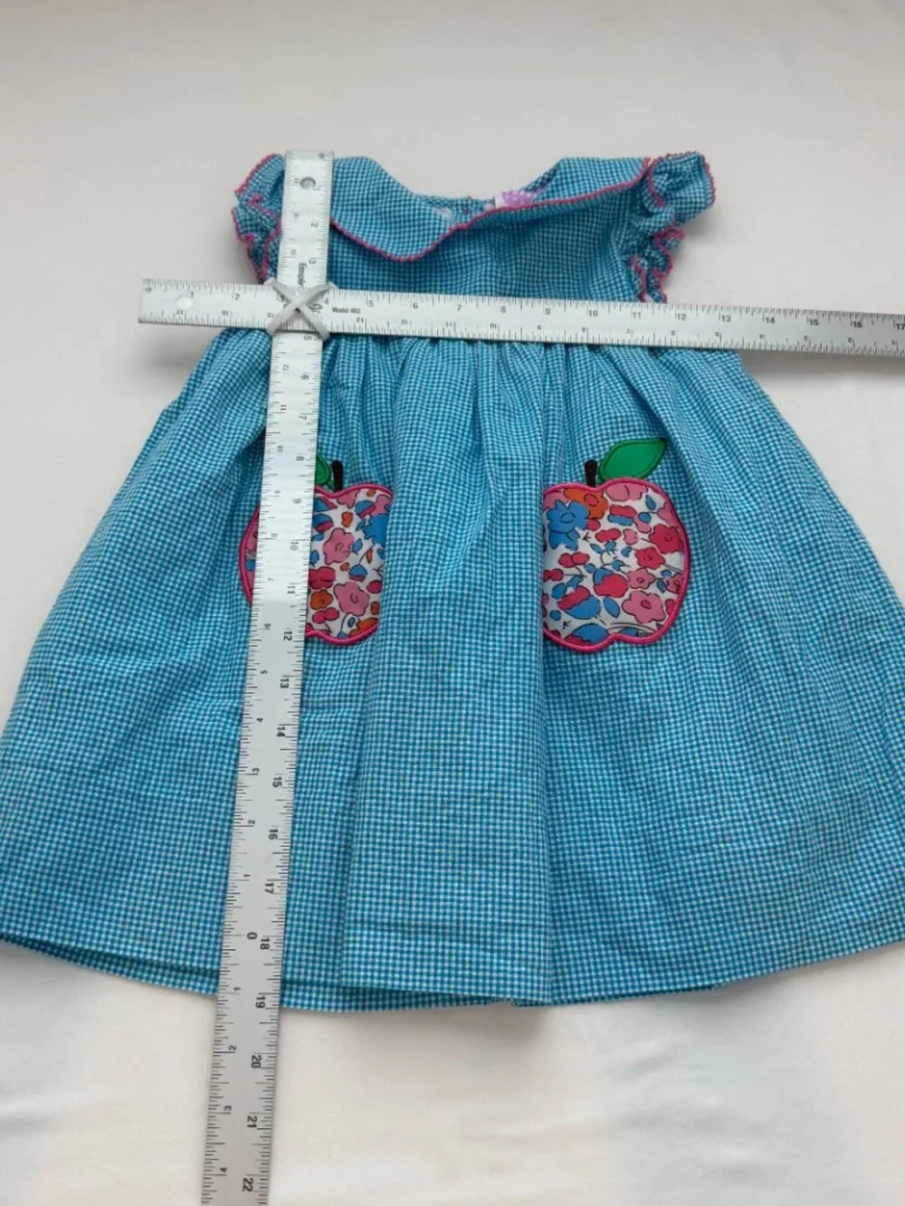 Vintage Poppy Kids Co Girls 2T Blue Gingham Apple Applique Dress Cottagecore